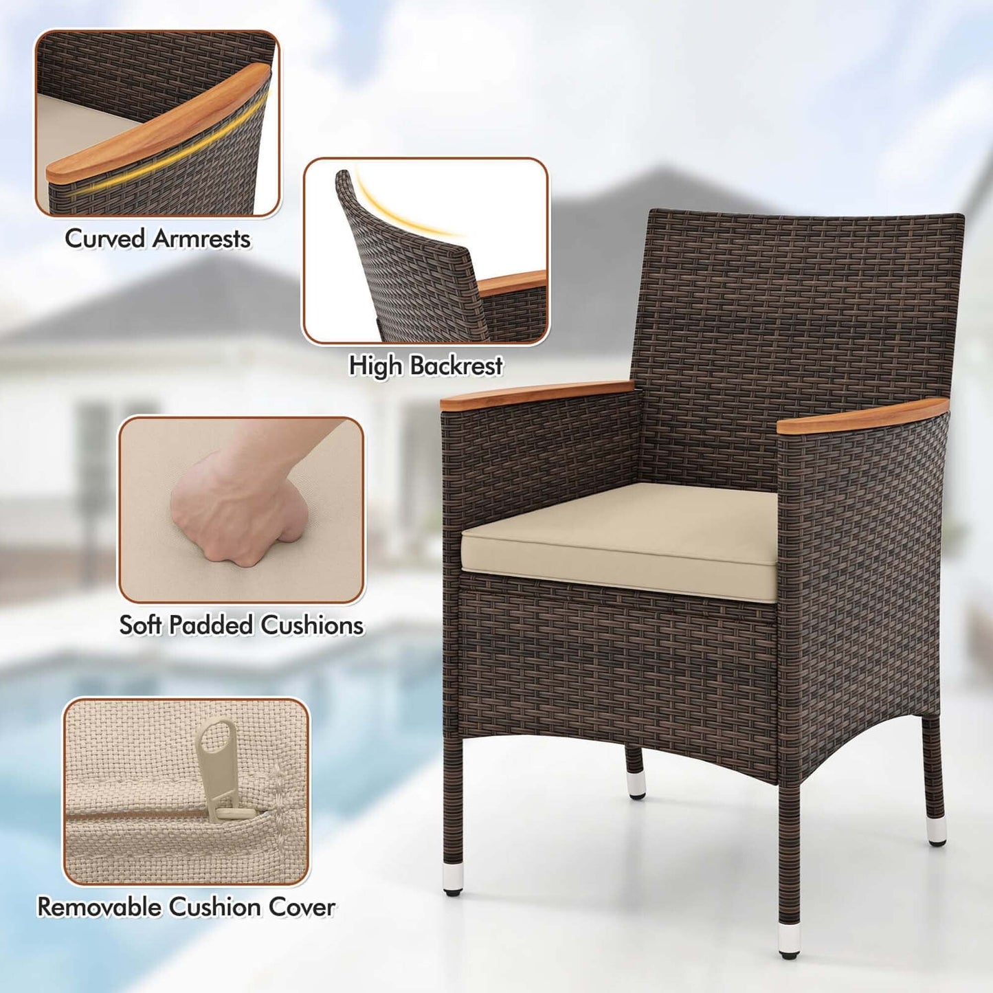 Set da pranzo da esterno in vimini PE da 9 pezzi, tavolo e sedie in legno di acacia