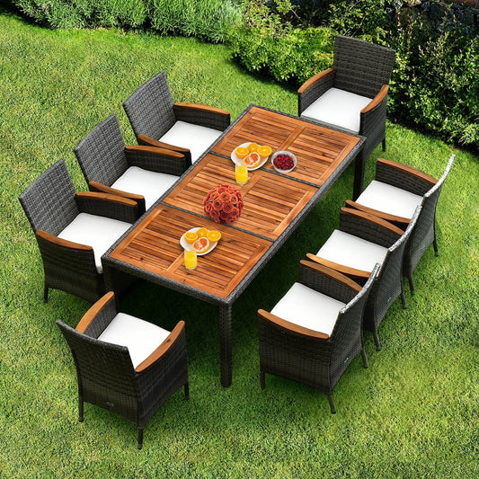 Set da pranzo da giardino in rattan da 9 pezzi, set di mobili da giardino in legno e vimini