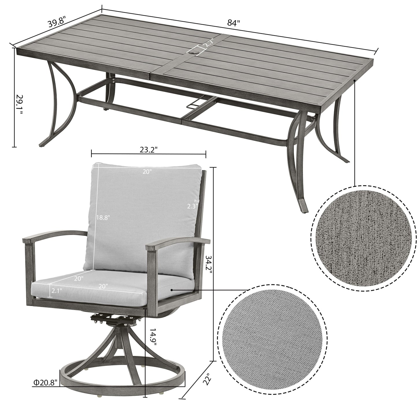 Set da pranzo per patio in alluminio da 9 pezzi con 8 sedie da pranzo girevoli e cuscini lavabili