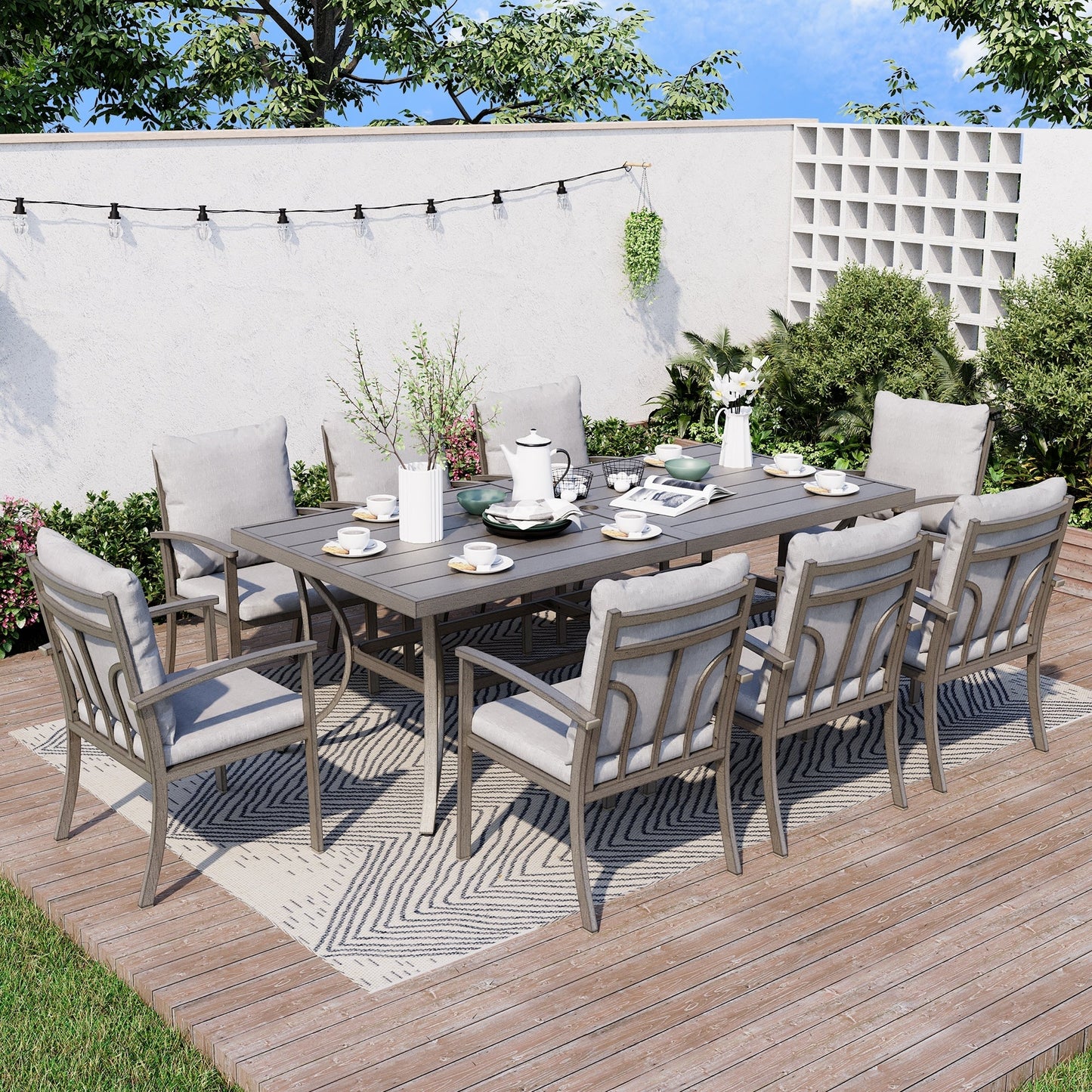 Set da pranzo da giardino in alluminio da 9 pezzi con tavolo e cuscini lavabili grigio chiaro