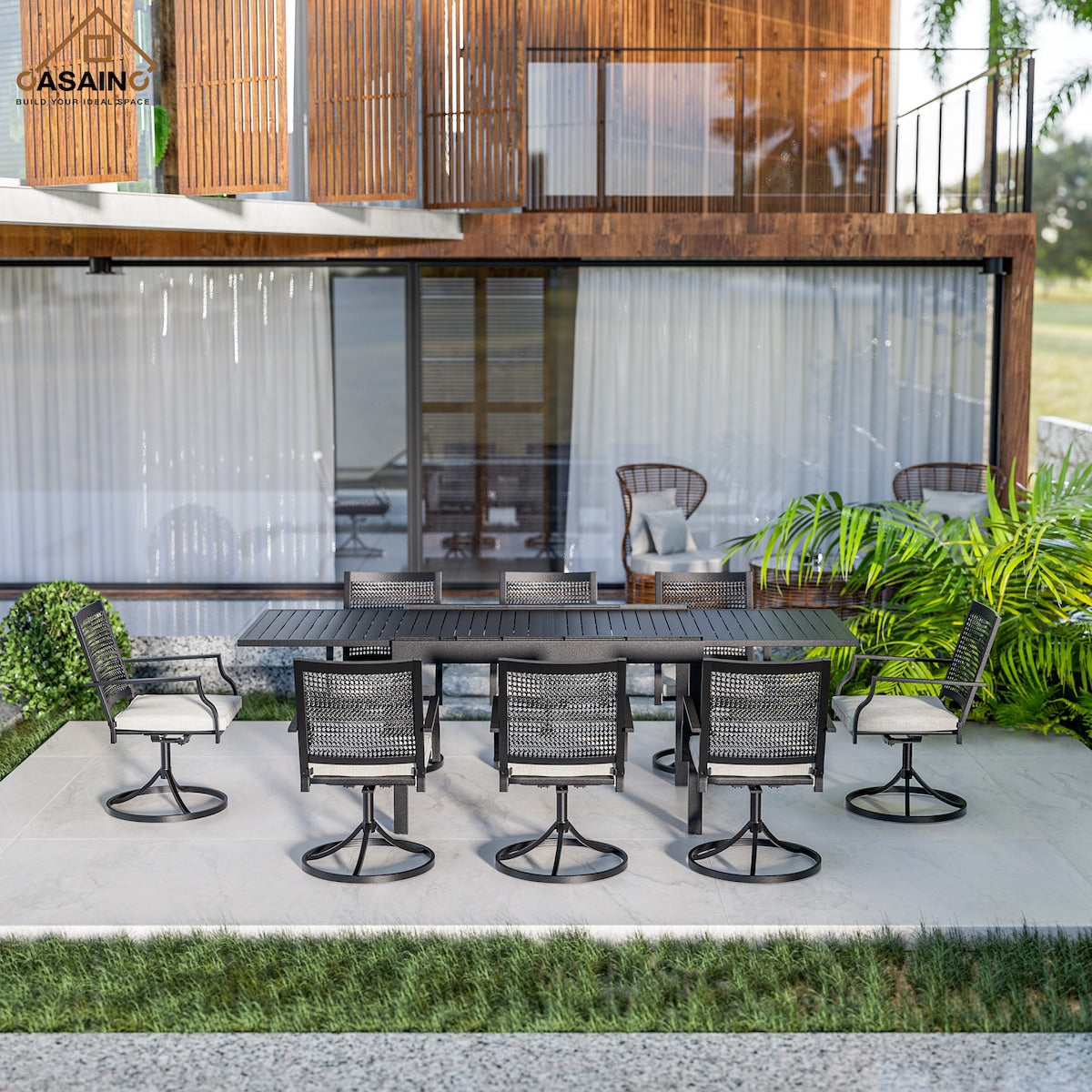 Set da pranzo da giardino con struttura in metallo da 9 pezzi, tavolo da pranzo estensibile in alluminio