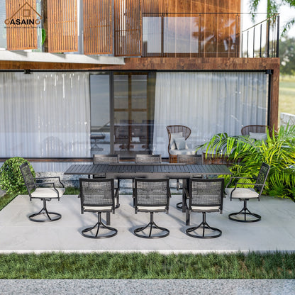 Set da pranzo da giardino con struttura in metallo da 9 pezzi, tavolo da pranzo estensibile in alluminio