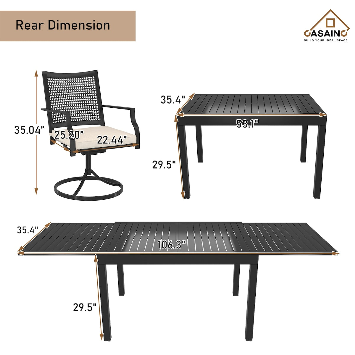 Set da pranzo da giardino con struttura in metallo da 9 pezzi, tavolo da pranzo estensibile in alluminio
