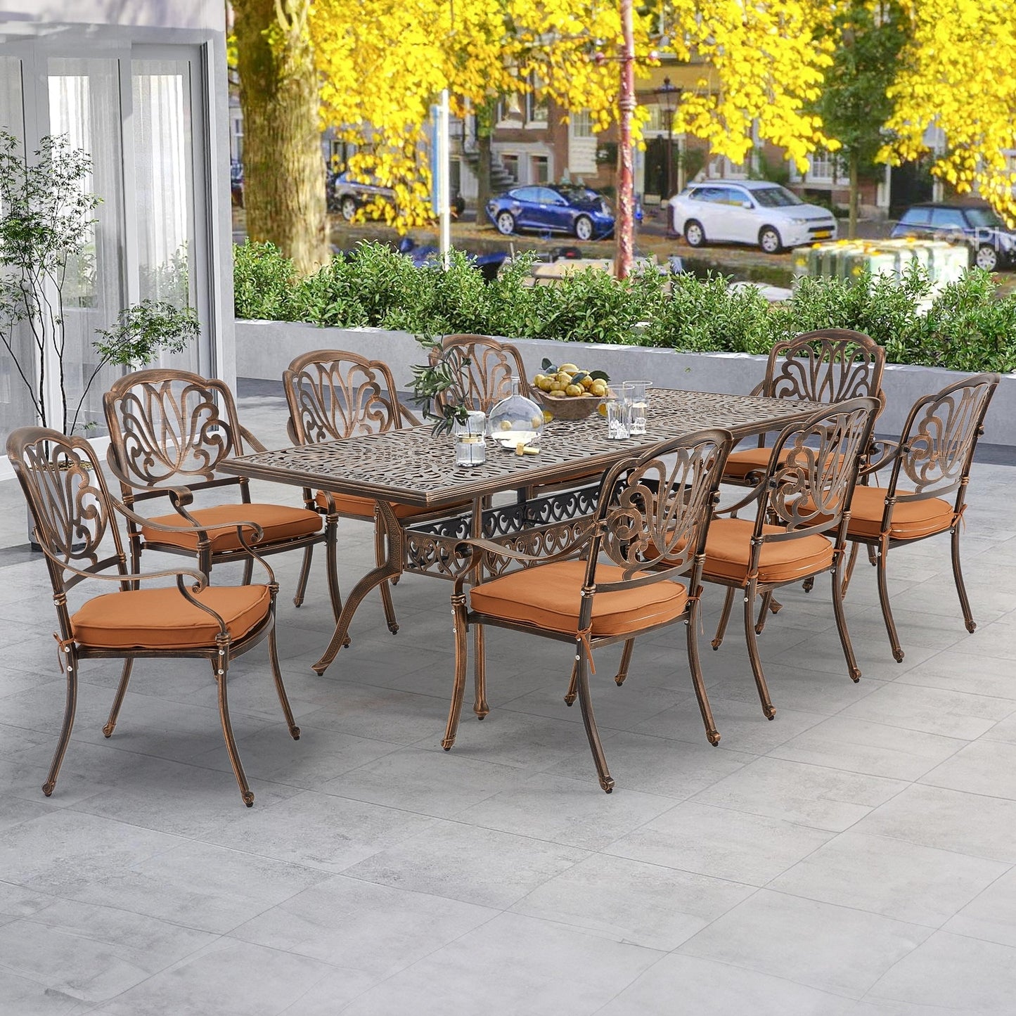 Set da pranzo per esterni da 9 pezzi con 1 tavolo + 8 sedie, set da esterno in alluminio resistente alle intemperie per patio, cortile, giardino