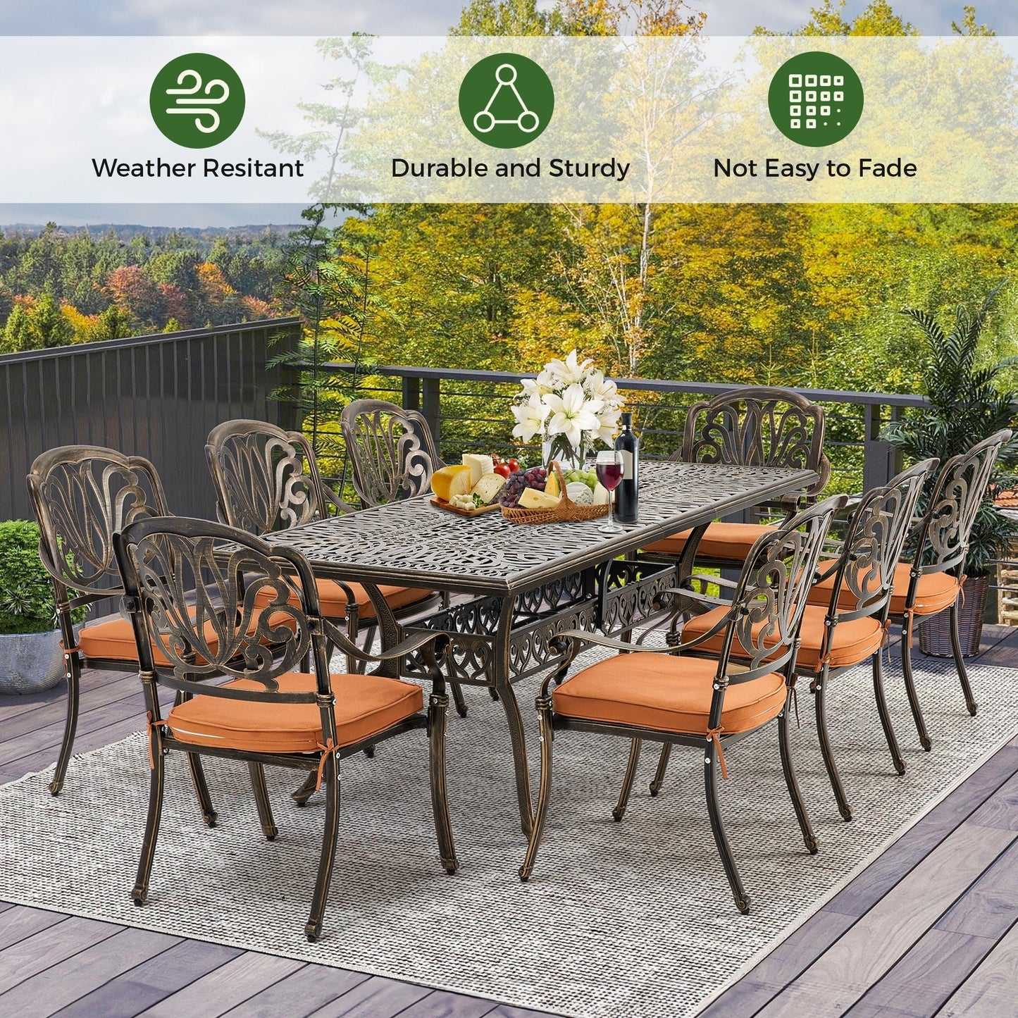 Set da pranzo per esterni da 9 pezzi con 1 tavolo + 8 sedie, set da esterno in alluminio resistente alle intemperie per patio, cortile, giardino