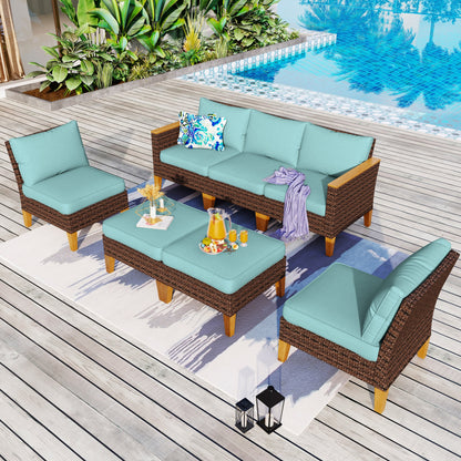 Divano componibile in vimini da esterno, set da conversazione di lusso da 9 pezzi, cuscino beige