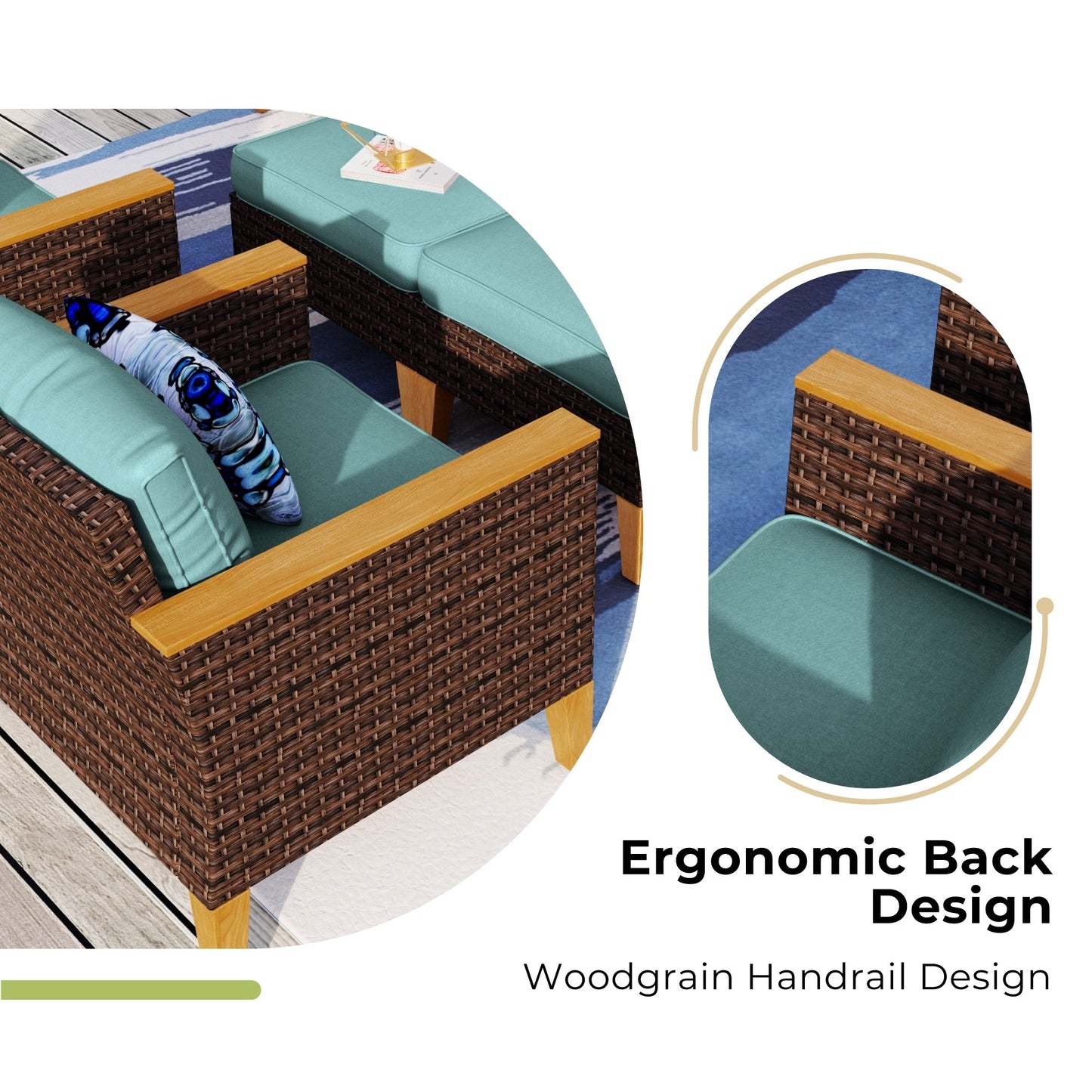 Divano componibile in vimini da esterno, set da conversazione di lusso da 9 pezzi, cuscino beige