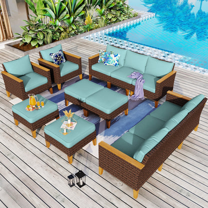 Divano componibile in vimini da esterno, set da conversazione di lusso da 9 pezzi, cuscino beige