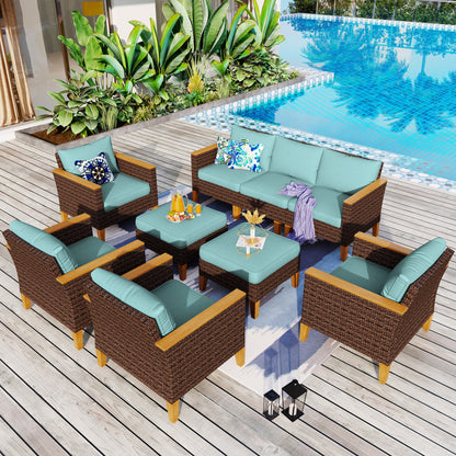 Divano componibile in vimini da esterno, set da conversazione di lusso da 9 pezzi, cuscino beige