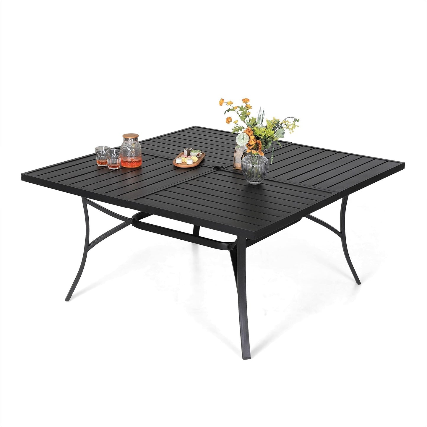 MAISON ARTS Set da pranzo per patio da 9 pezzi, tavolo quadrato in metallo da 60 pollici e 8 sedie da pranzo in metallo