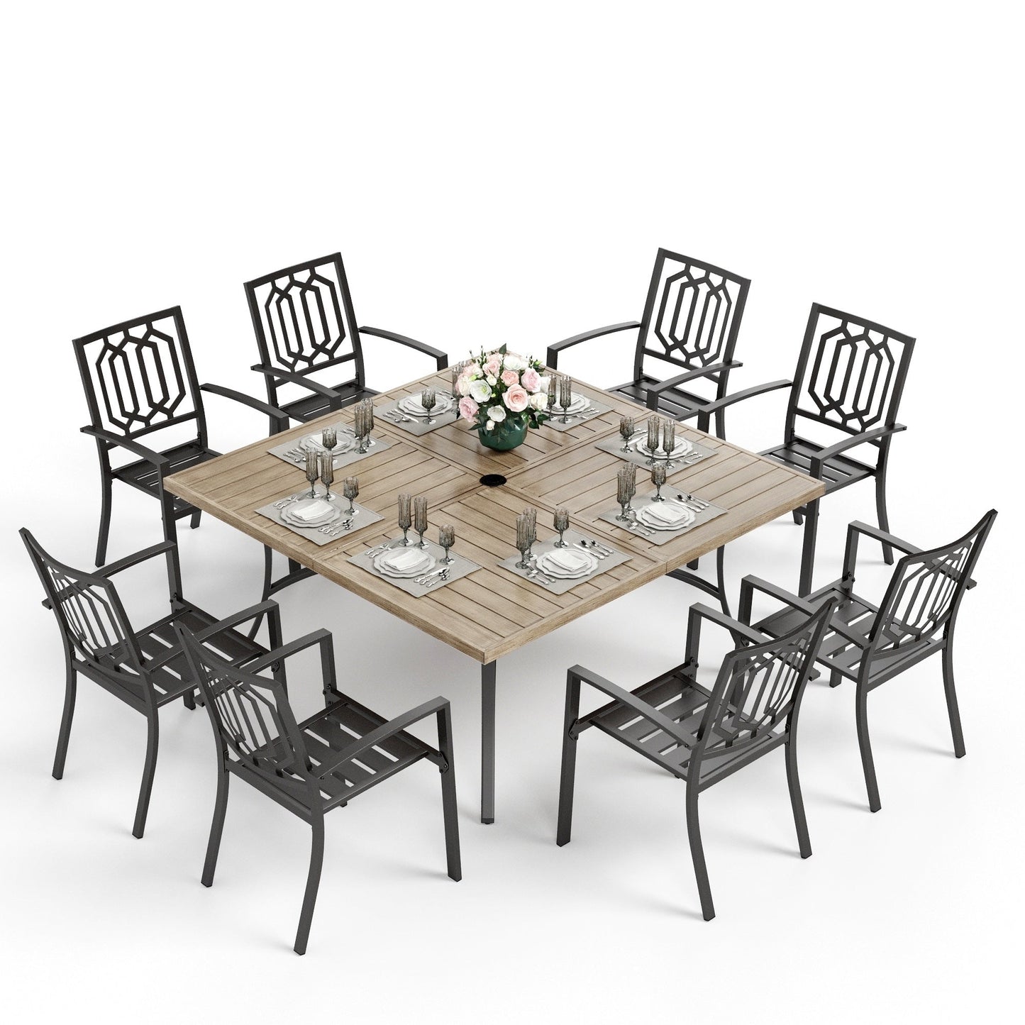 MAISON ARTS Set da pranzo per patio da 9 pezzi, tavolo quadrato in metallo da 60 pollici e 8 sedie da pranzo in metallo