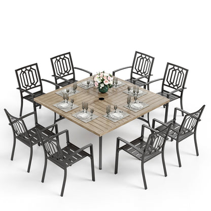 MAISON ARTS Set da pranzo per patio da 9 pezzi, tavolo quadrato in metallo da 60 pollici e 8 sedie da pranzo in metallo
