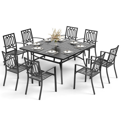 MAISON ARTS Set da pranzo per patio da 9 pezzi, tavolo quadrato in metallo da 60 pollici e 8 sedie da pranzo in metallo