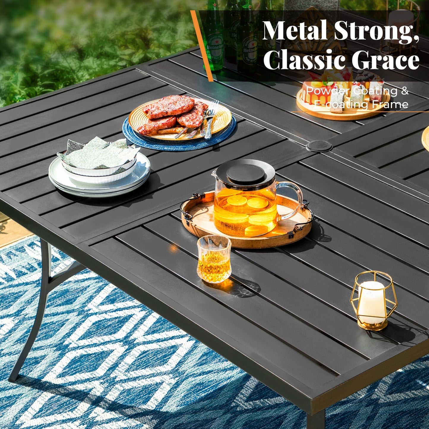 MAISON ARTS Set da pranzo per patio da 9 pezzi, tavolo quadrato in metallo da 60 pollici e 8 sedie da pranzo in metallo