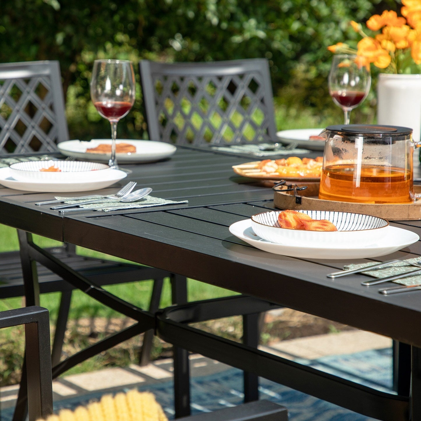 MAISON ARTS Set da pranzo per patio da 9 pezzi, tavolo quadrato in metallo da 60 pollici e 8 sedie da pranzo in metallo