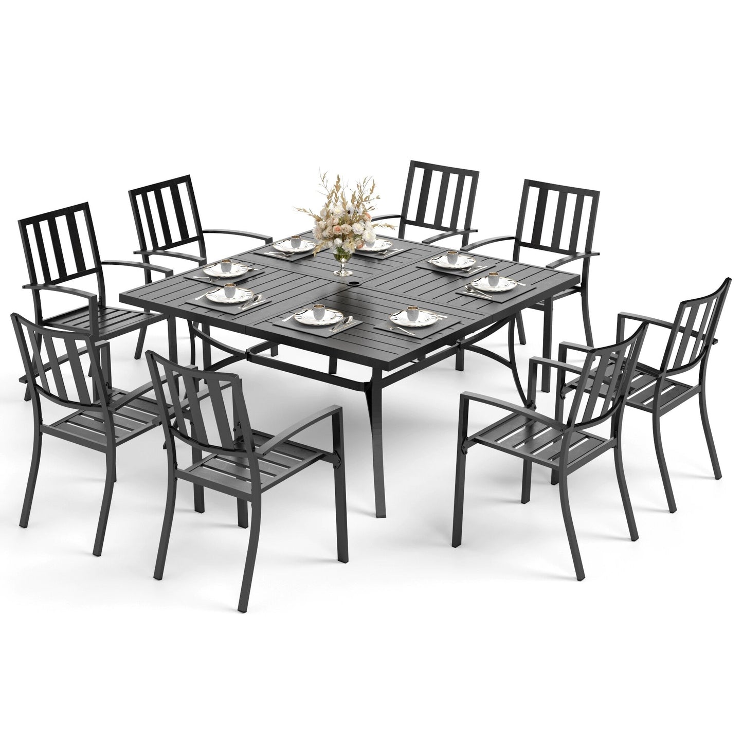 MAISON ARTS Set da pranzo per patio da 9 pezzi, tavolo quadrato in metallo da 60 pollici e 8 sedie da pranzo in metallo