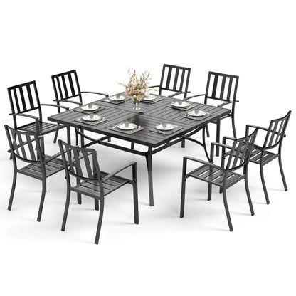 MAISON ARTS Set da pranzo per patio da 9 pezzi, tavolo quadrato in metallo da 60 pollici e 8 sedie da pranzo in metallo