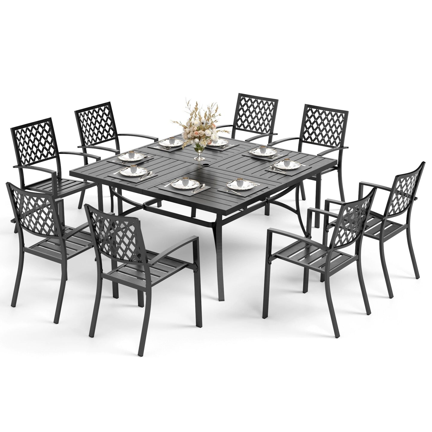 MAISON ARTS Set da pranzo per patio da 9 pezzi, tavolo quadrato in metallo da 60 pollici e 8 sedie da pranzo in metallo