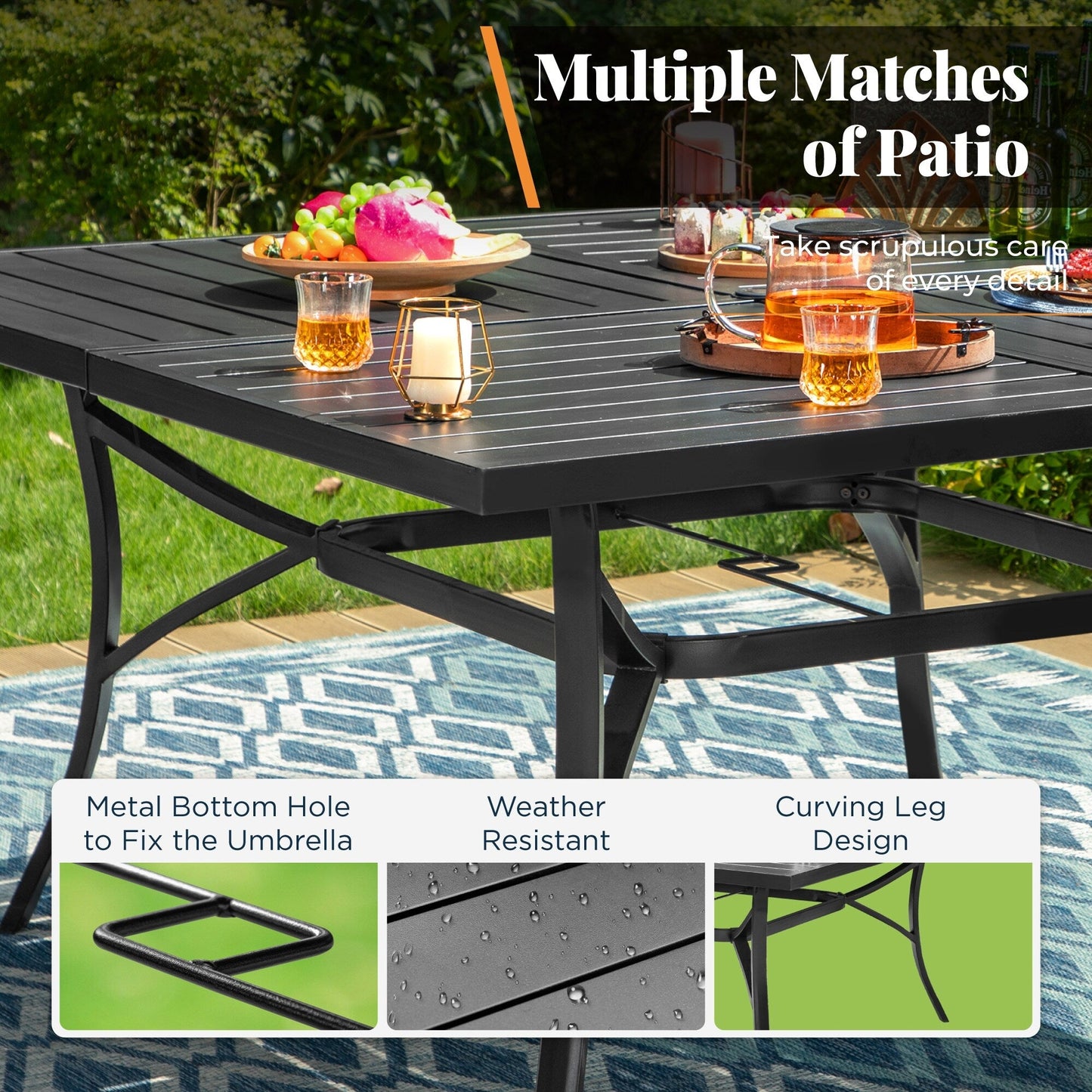 MAISON ARTS Set da pranzo per patio da 9 pezzi, tavolo quadrato in metallo da 60 pollici e 8 sedie da pranzo in metallo