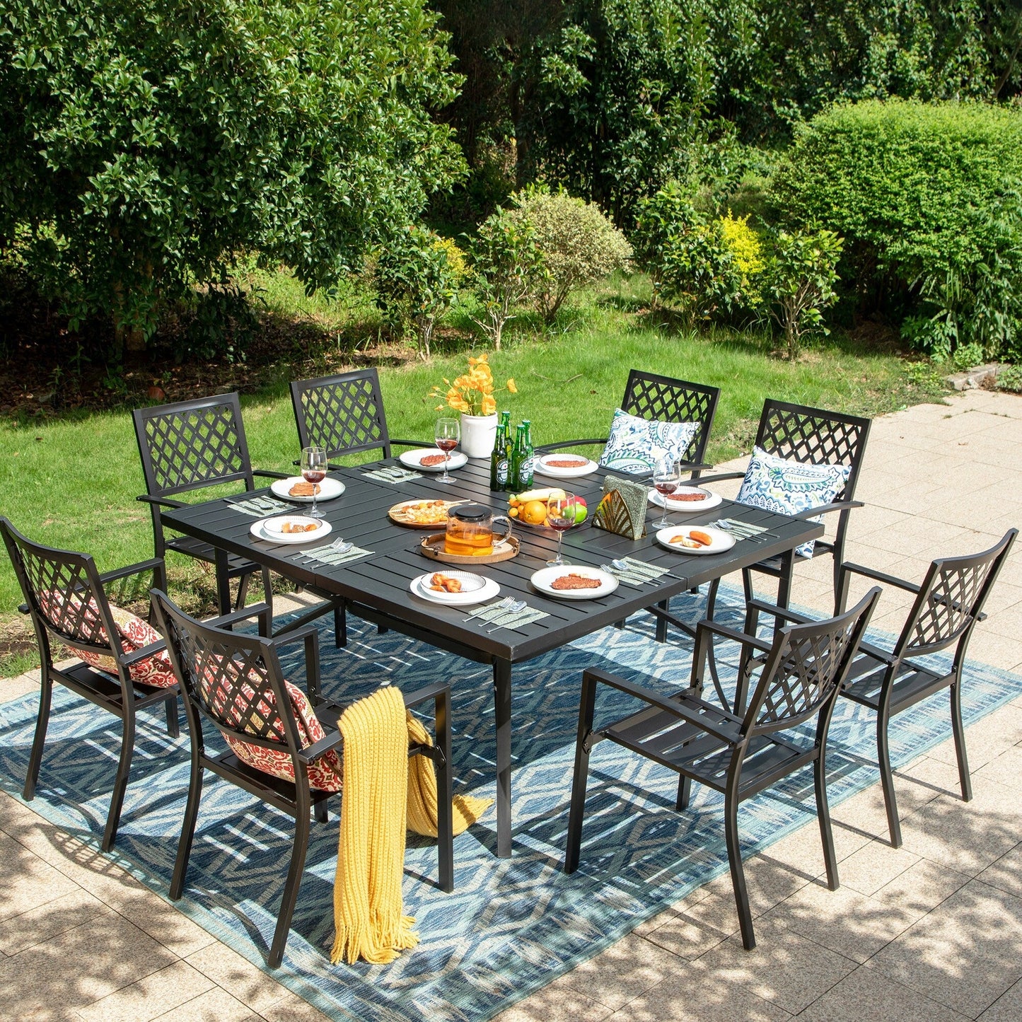 MAISON ARTS Set da pranzo per patio da 9 pezzi, tavolo quadrato in metallo da 60 pollici e 8 sedie da pranzo in metallo