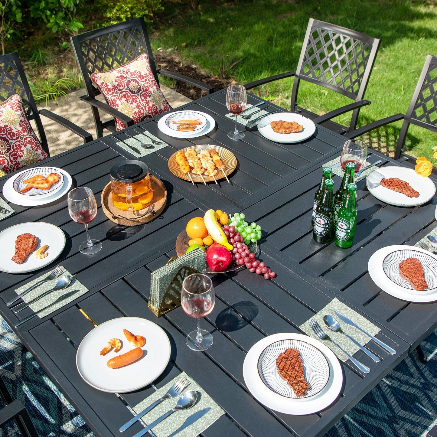MAISON ARTS Set da pranzo per patio da 9 pezzi, tavolo quadrato in metallo da 60 pollici e 8 sedie da pranzo in metallo