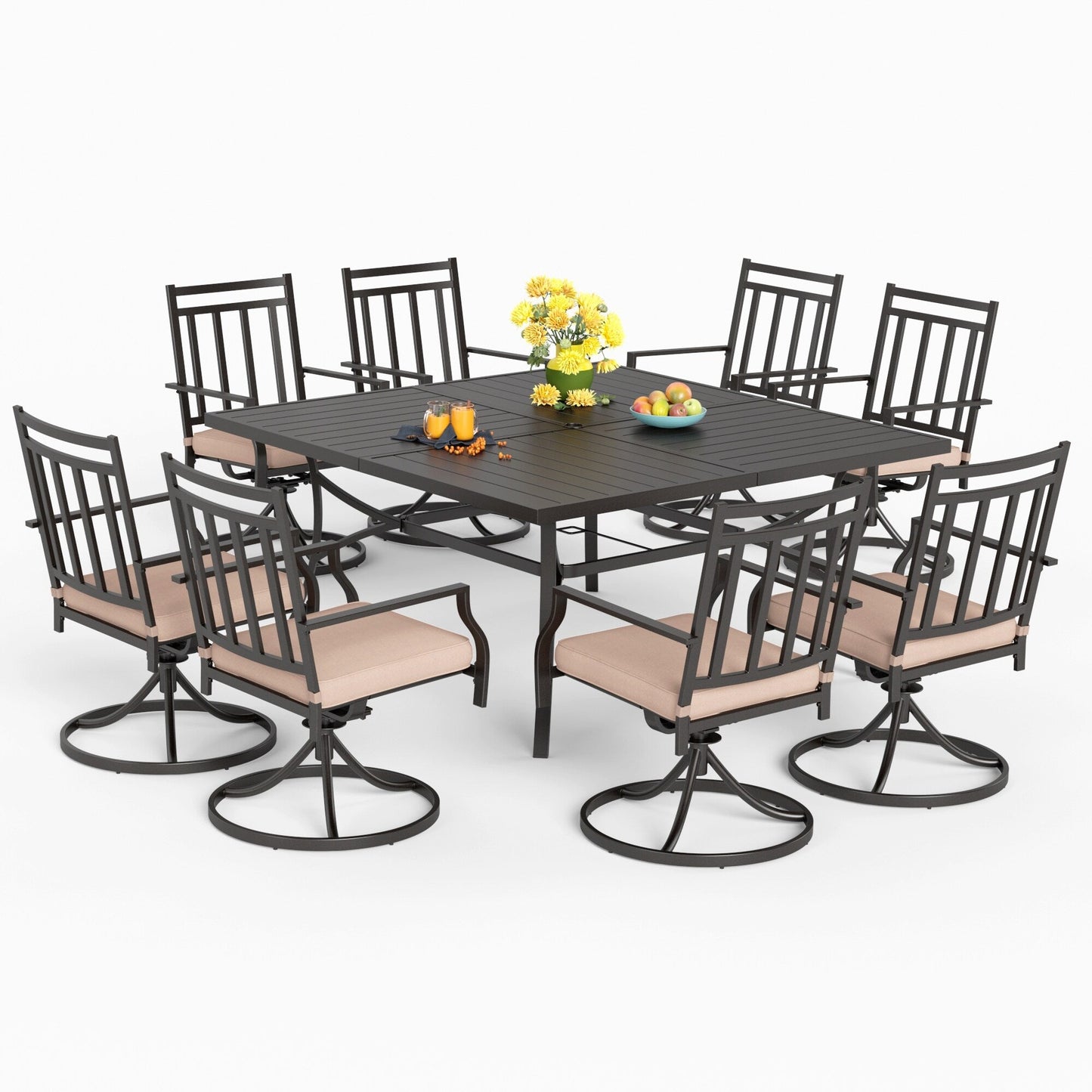MAISON ARTS Set da pranzo per patio da 9 pezzi, tavolo quadrato in metallo da 60 pollici e 8 sedie da pranzo girevoli