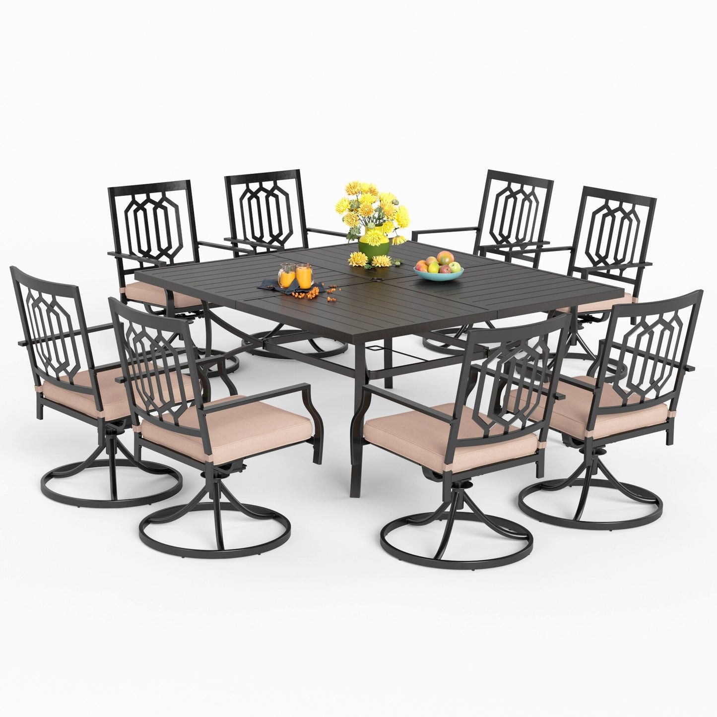 MAISON ARTS Set da pranzo per patio da 9 pezzi, tavolo quadrato in metallo da 60 pollici e 8 sedie da pranzo girevoli