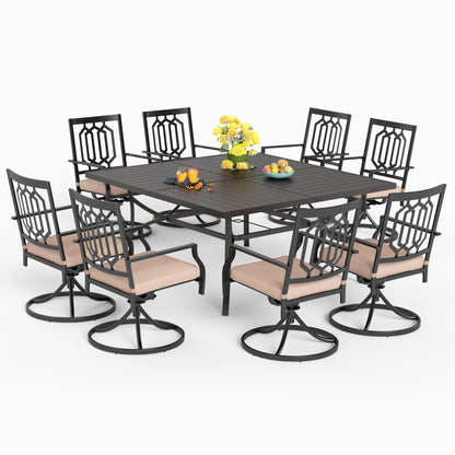 MAISON ARTS Set da pranzo per patio da 9 pezzi, tavolo quadrato in metallo da 60 pollici e 8 sedie da pranzo girevoli