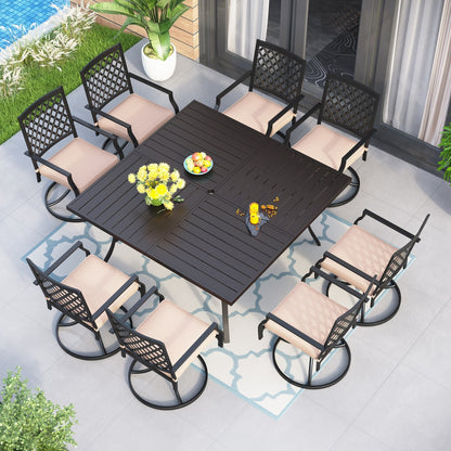 MAISON ARTS Set da pranzo per patio da 9 pezzi, tavolo quadrato in metallo da 60 pollici e 8 sedie da pranzo girevoli