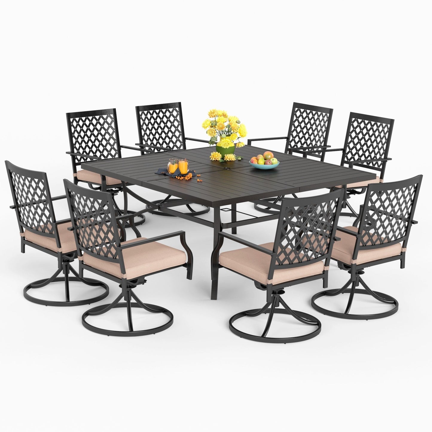 MAISON ARTS Set da pranzo per patio da 9 pezzi, tavolo quadrato in metallo da 60 pollici e 8 sedie da pranzo girevoli