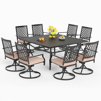 MAISON ARTS Set da pranzo per patio da 9 pezzi, tavolo quadrato in metallo da 60 pollici e 8 sedie da pranzo girevoli