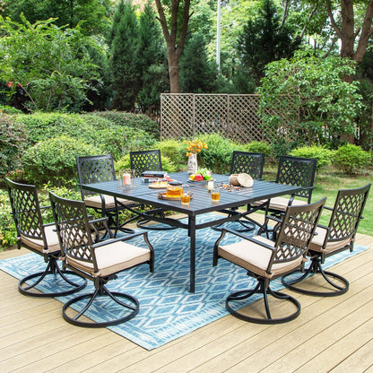MAISON ARTS Set da pranzo per patio da 9 pezzi, tavolo quadrato in metallo da 60 pollici e 8 sedie da pranzo girevoli