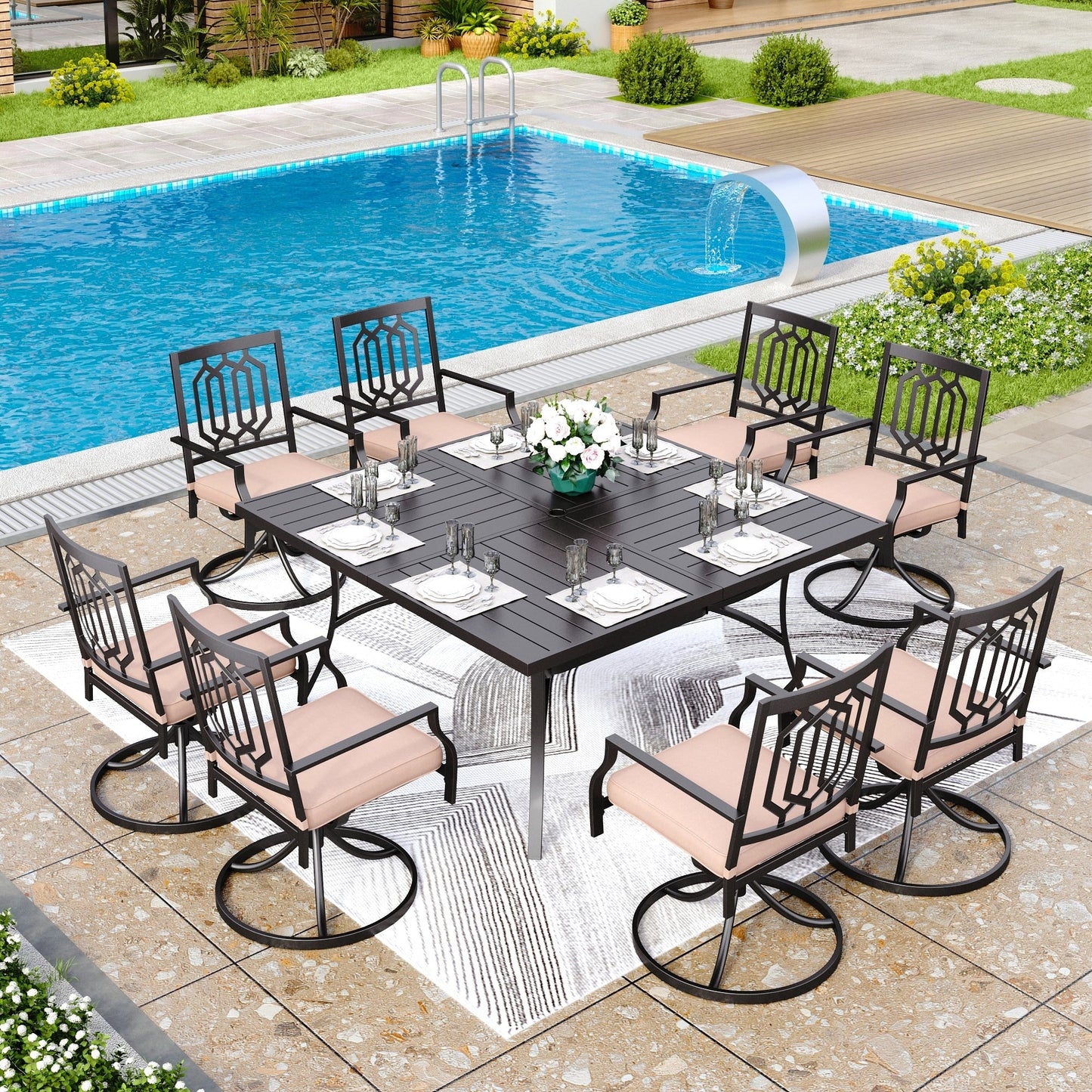 MAISON ARTS Set da pranzo per patio da 9 pezzi, tavolo quadrato in metallo da 60 pollici e 8 sedie da pranzo girevoli
