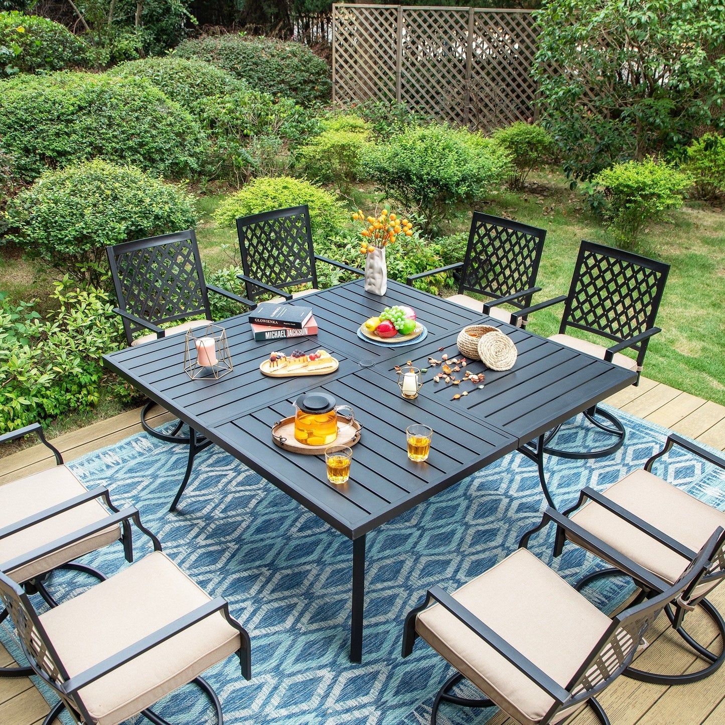 MAISON ARTS Set da pranzo per patio da 9 pezzi, tavolo quadrato in metallo da 60 pollici e 8 sedie da pranzo girevoli