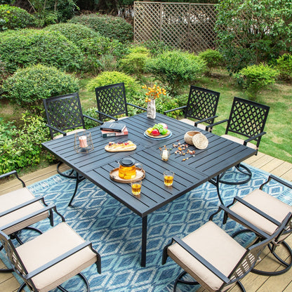 MAISON ARTS Set da pranzo per patio da 9 pezzi, tavolo quadrato in metallo da 60 pollici e 8 sedie da pranzo girevoli