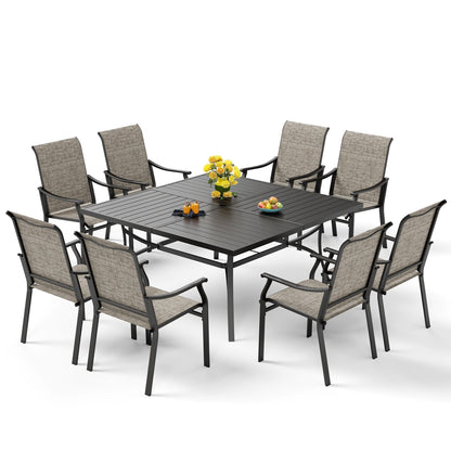 MAISON ARTS Set da pranzo per patio da 9 pezzi, tavolo quadrato in metallo da 60 pollici e 8 poltrone imbottite in tessuto textilene