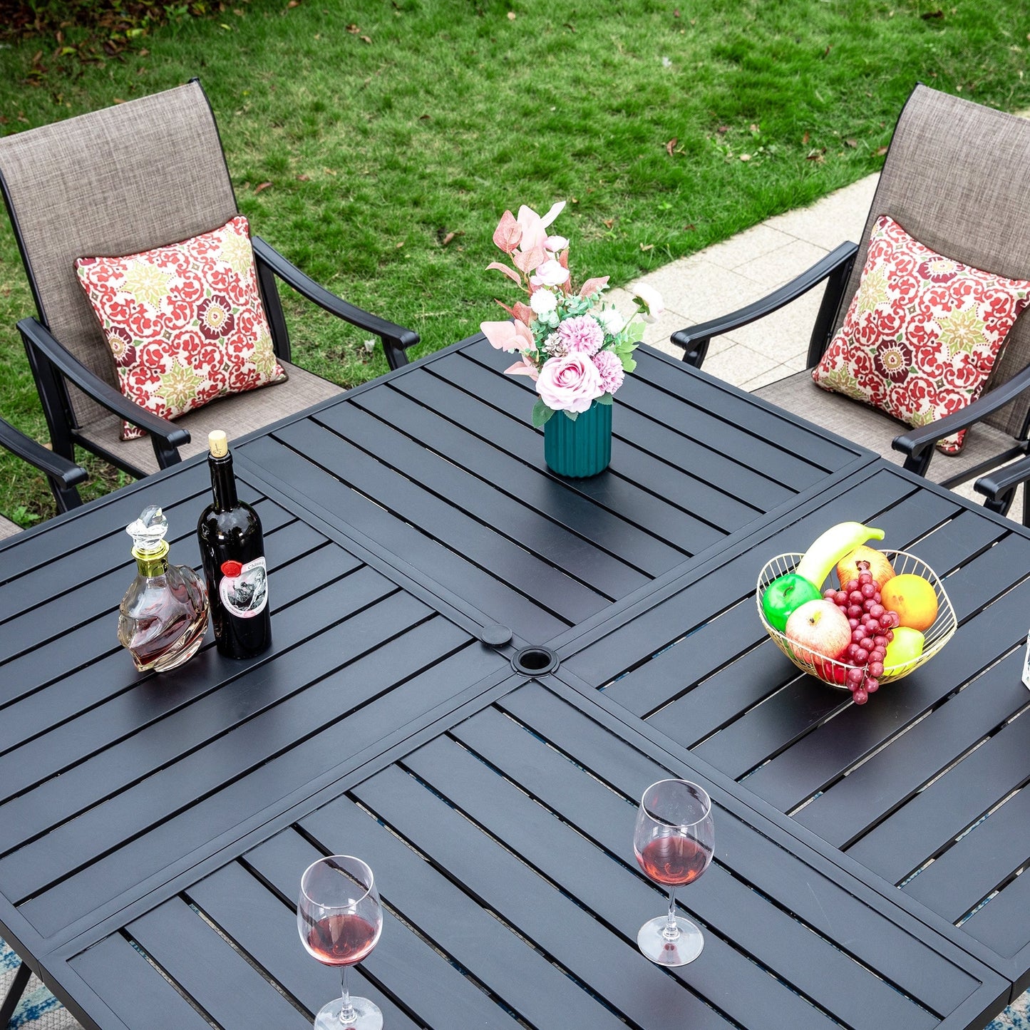 MAISON ARTS Set da pranzo per patio da 9 pezzi, tavolo quadrato in metallo da 60 pollici e 8 poltrone imbottite in tessuto textilene