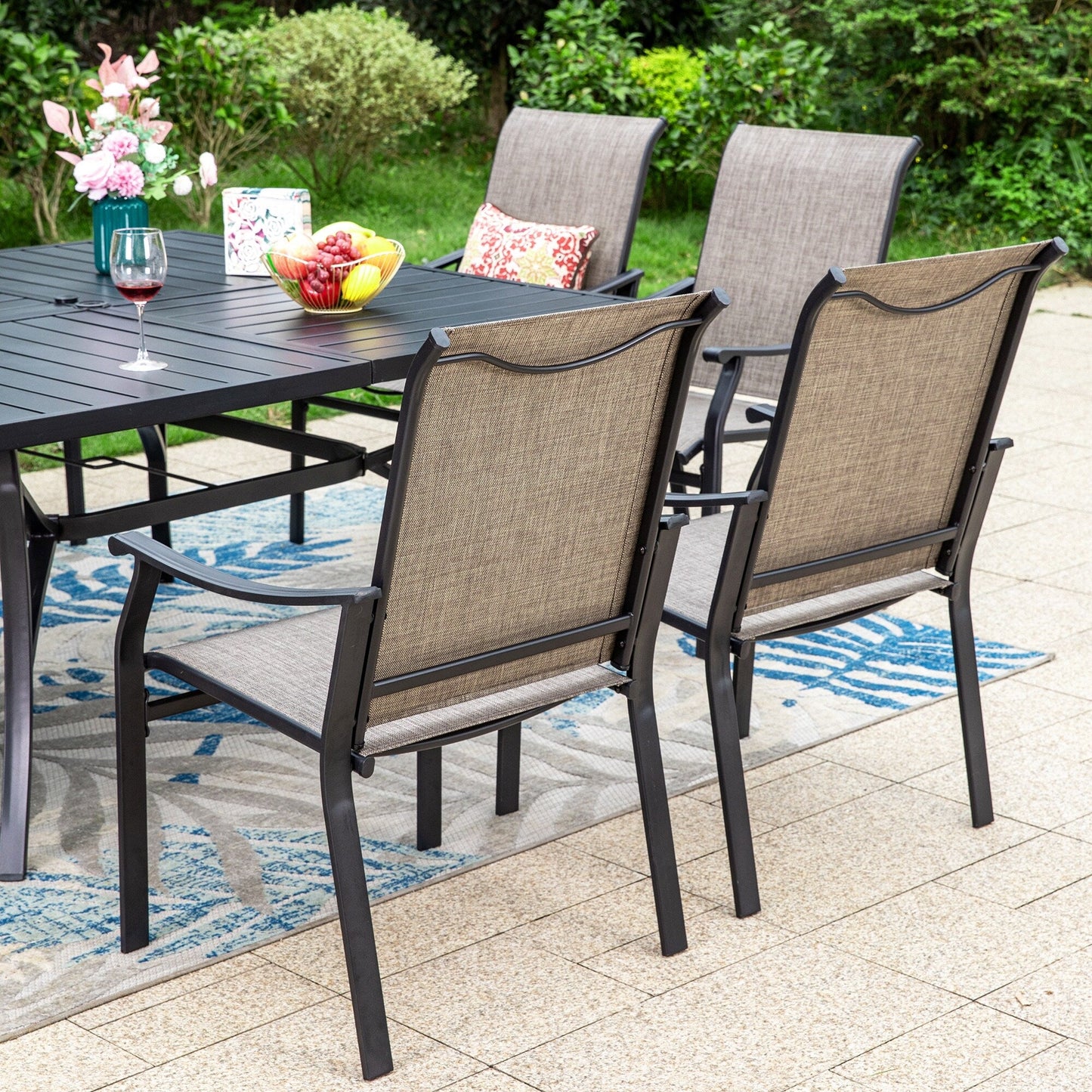 MAISON ARTS Set da pranzo per patio da 9 pezzi, tavolo quadrato in metallo da 60 pollici e 8 poltrone imbottite in tessuto textilene