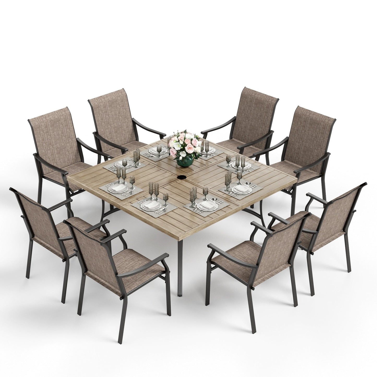 MAISON ARTS Set da pranzo per patio da 9 pezzi, tavolo quadrato in metallo da 60 pollici e 8 poltrone imbottite in tessuto textilene