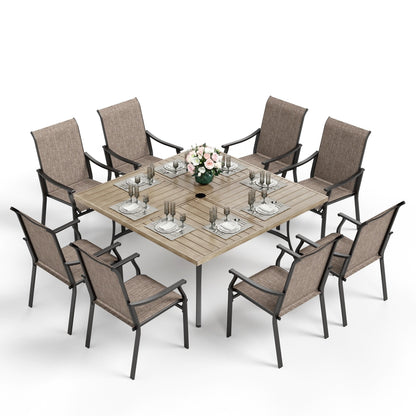 MAISON ARTS Set da pranzo per patio da 9 pezzi, tavolo quadrato in metallo da 60 pollici e 8 poltrone imbottite in tessuto textilene