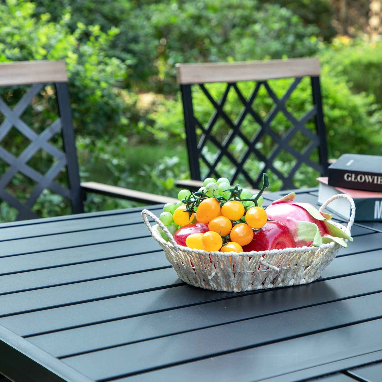 MAISON ARTS Set da pranzo per patio da 9 pezzi, tavolo quadrato in metallo da 60 pollici con 8 sedie da pranzo girevoli