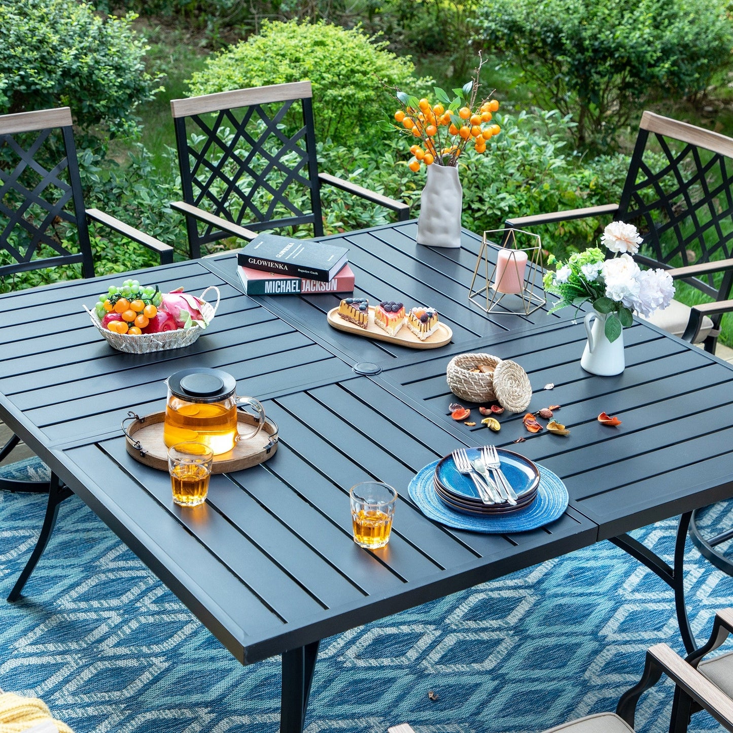 MAISON ARTS Set da pranzo per patio da 9 pezzi, tavolo quadrato in metallo da 60 pollici con 8 sedie da pranzo girevoli