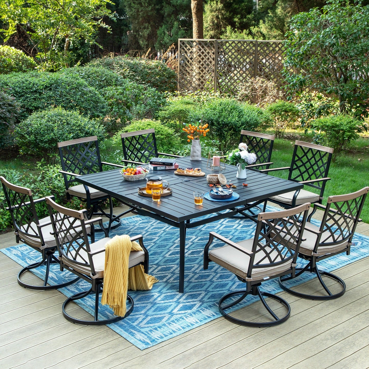 MAISON ARTS Set da pranzo per patio da 9 pezzi, tavolo quadrato in metallo da 60 pollici con 8 sedie da pranzo girevoli