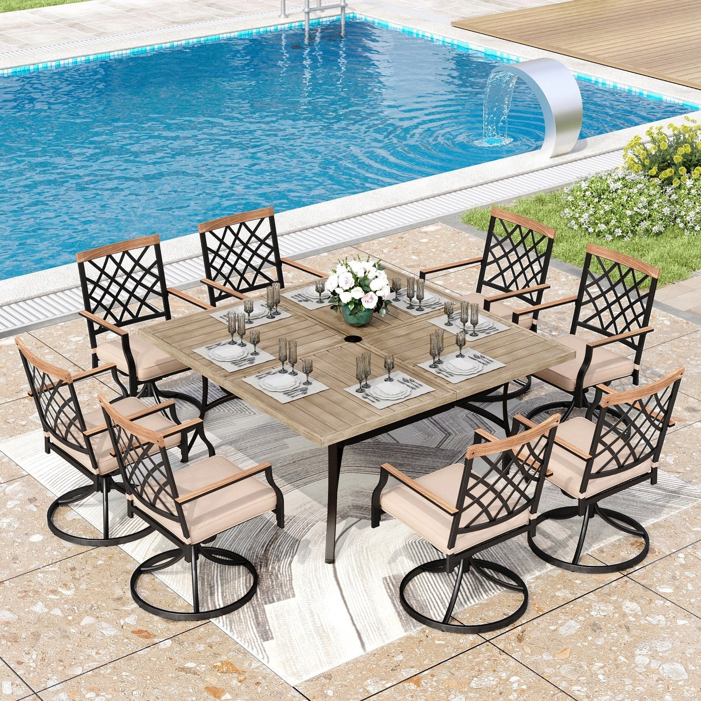 MAISON ARTS Set da pranzo per patio da 9 pezzi, tavolo quadrato in metallo da 60 pollici con 8 sedie da pranzo girevoli