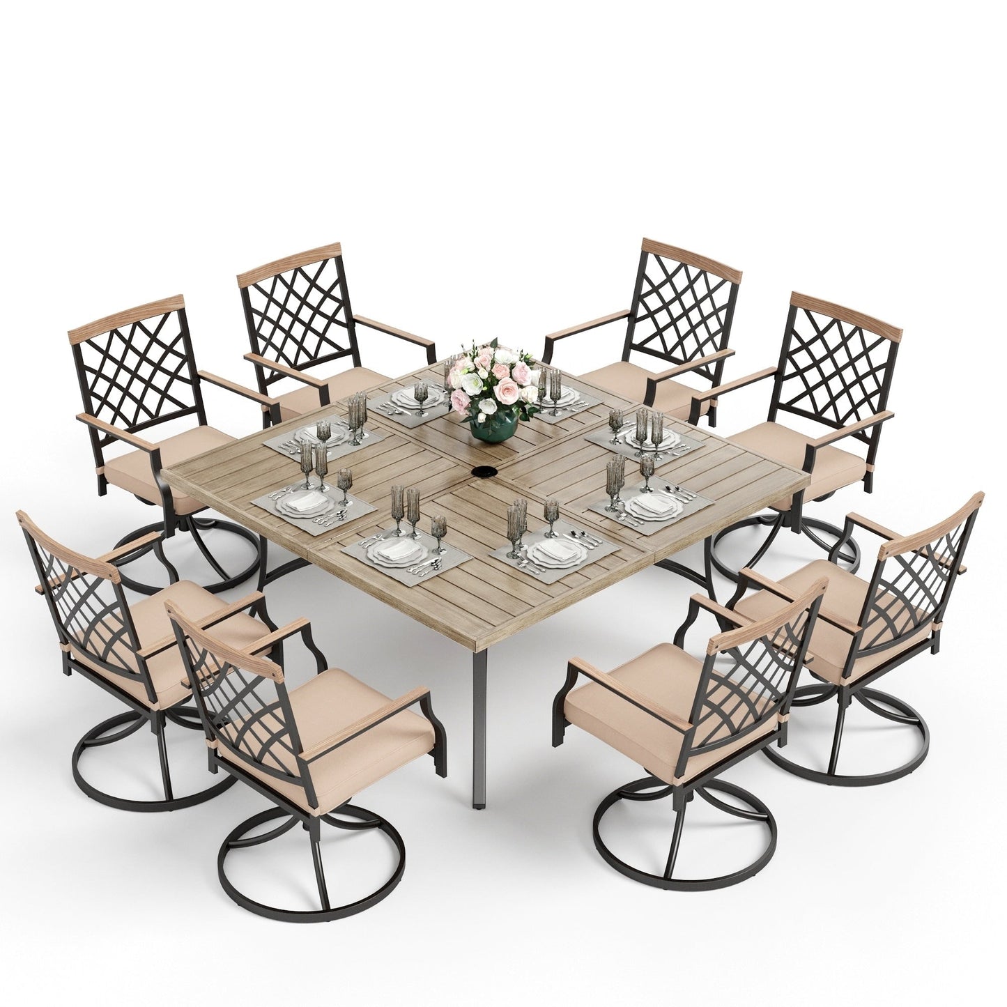 MAISON ARTS Set da pranzo per patio da 9 pezzi, tavolo quadrato in metallo da 60 pollici con 8 sedie da pranzo girevoli