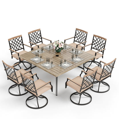 MAISON ARTS Set da pranzo per patio da 9 pezzi, tavolo quadrato in metallo da 60 pollici con 8 sedie da pranzo girevoli