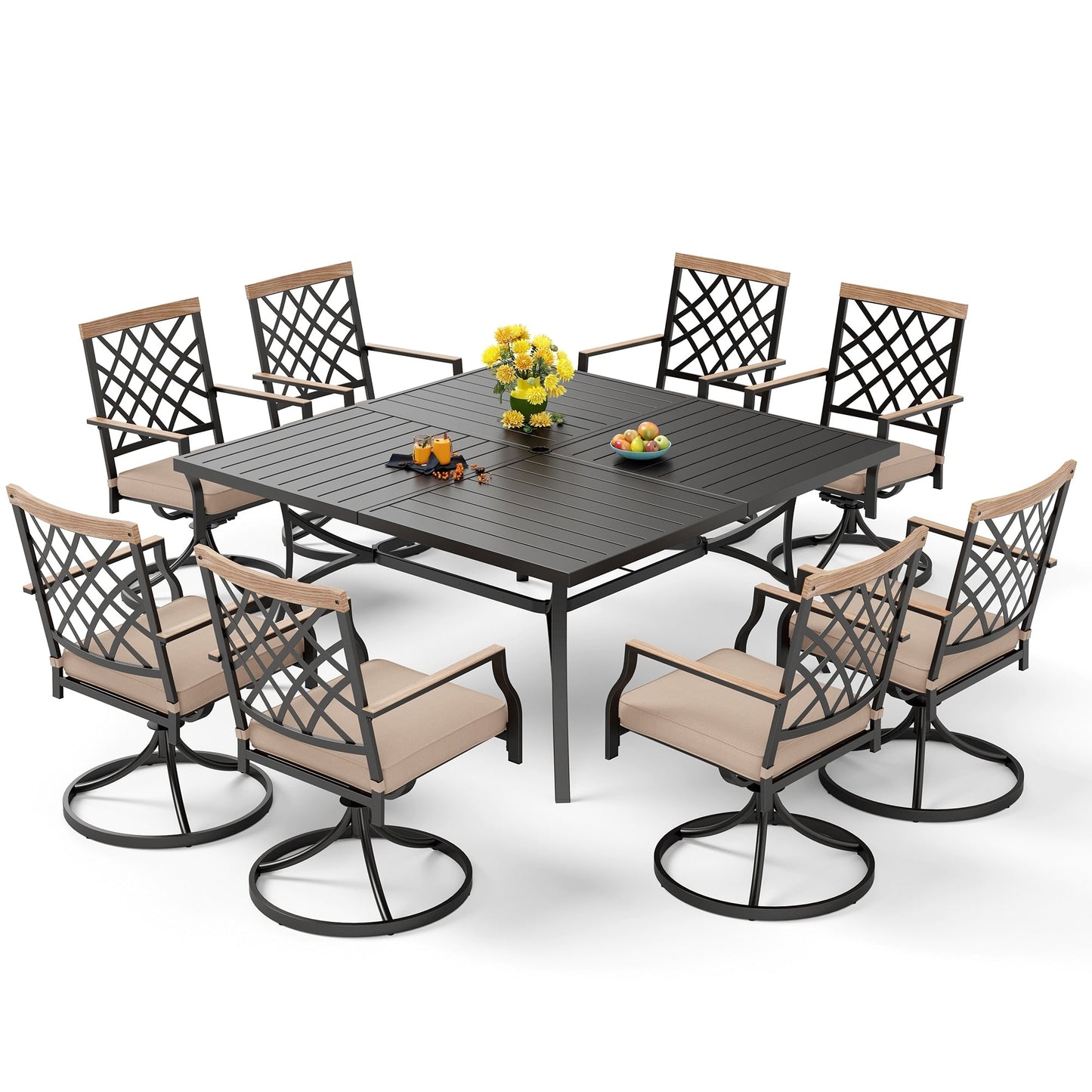 MAISON ARTS Set da pranzo per patio da 9 pezzi, tavolo quadrato in metallo da 60 pollici con 8 sedie da pranzo girevoli