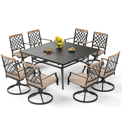 MAISON ARTS Set da pranzo per patio da 9 pezzi, tavolo quadrato in metallo da 60 pollici con 8 sedie da pranzo girevoli