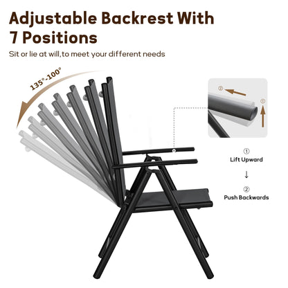 Set da pranzo per patio da 9 pezzi, tavolo in metallo e sedie da pranzo pieghevoli con 7 livelli di regolazione