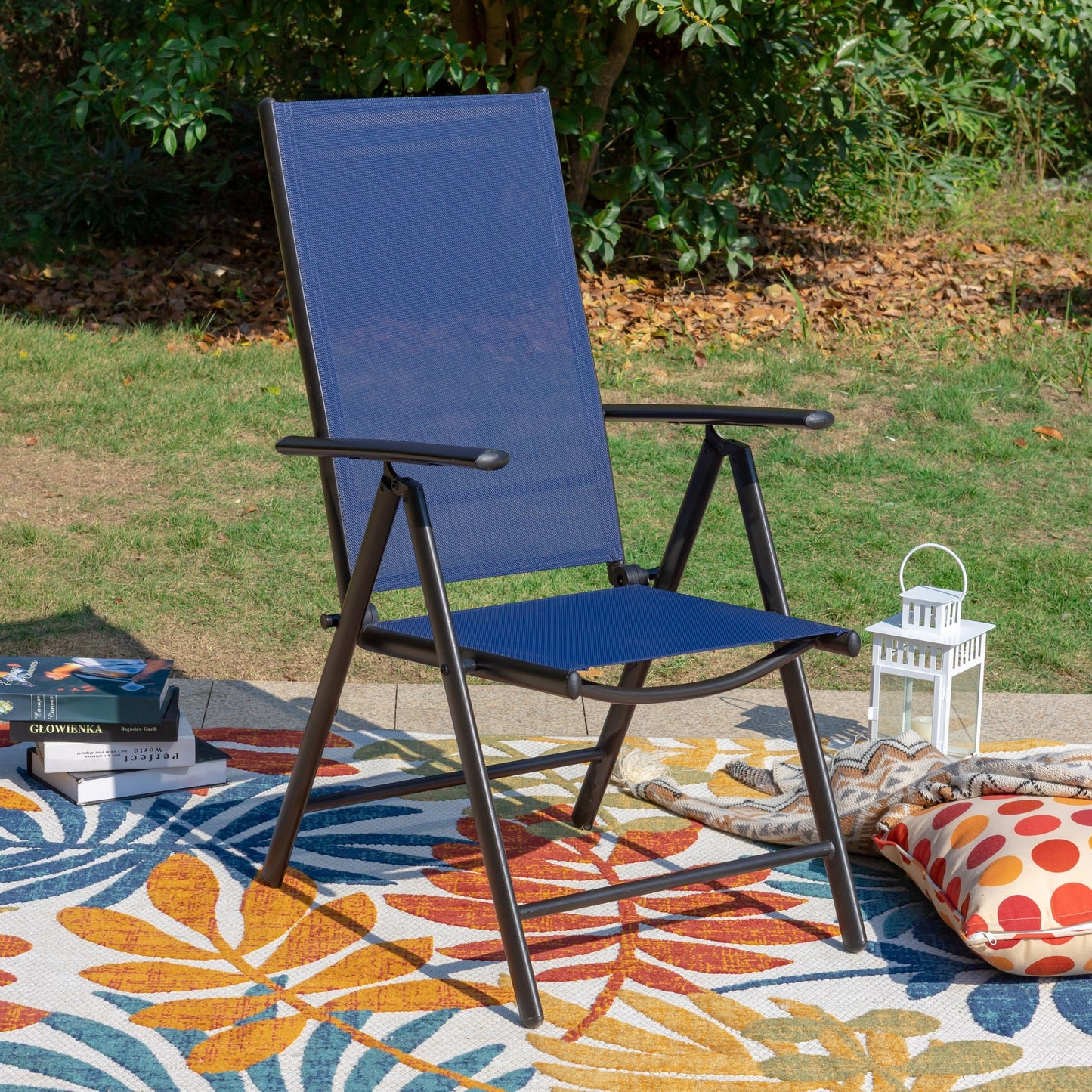 Set da pranzo per patio da 9 pezzi, tavolo in metallo e sedie da pranzo pieghevoli con 7 livelli di regolazione